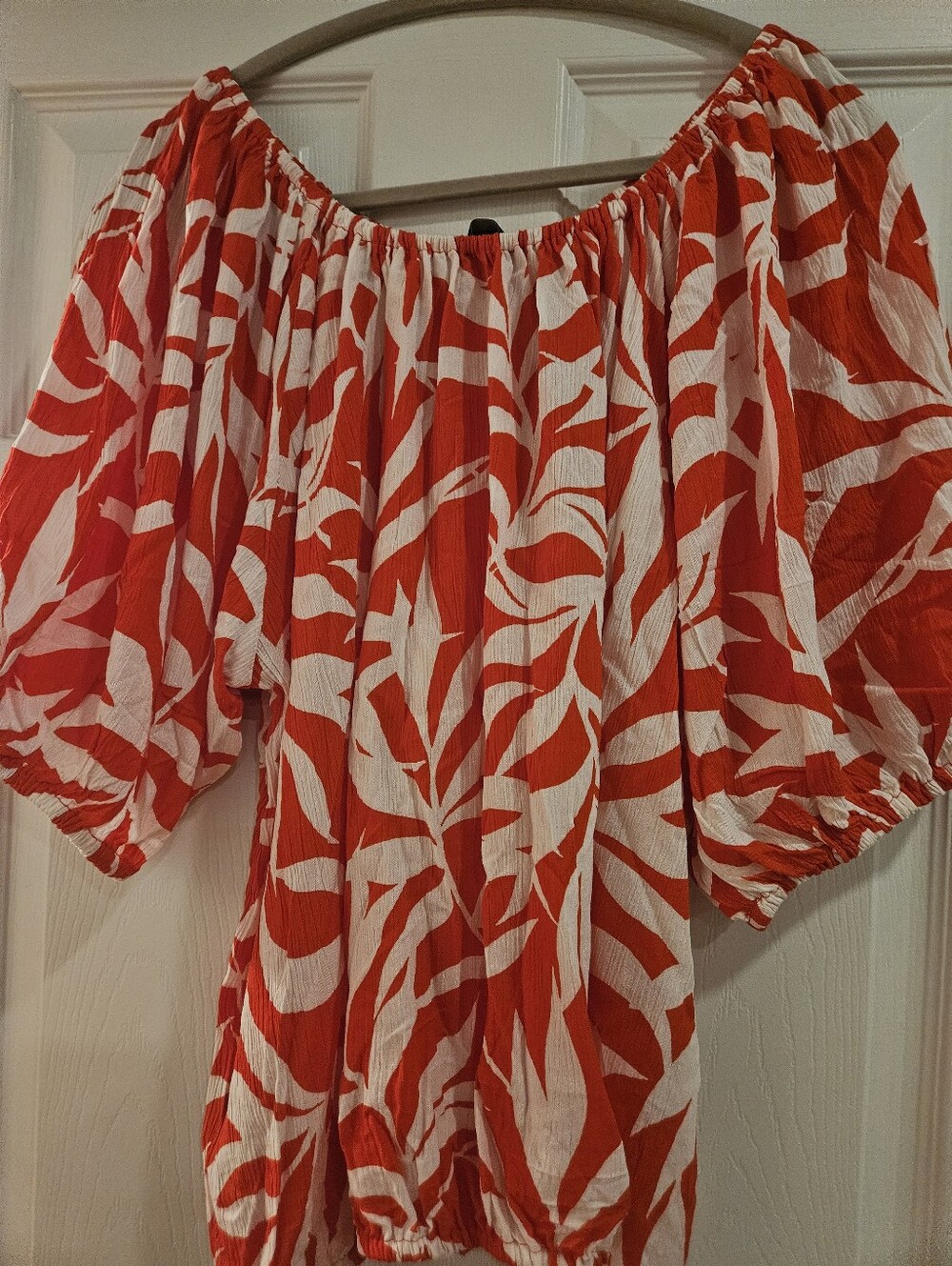 Off-Shoulder Red and White Tropical Print Blouse